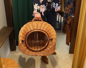 Wicker Pet Carrier: handmade Natural Basket with Black Grille (55cm Length)