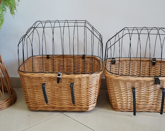 Large Handmade Wicker Bicycle Basket with Grille: Pet Carrier for Cat or Small Dog