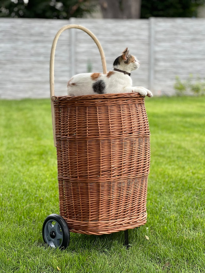 shopping Trolley basket wicker, handmade shopping trolley basket, ecological wheels wicker natural basket, storage,gif basket for her him image 8