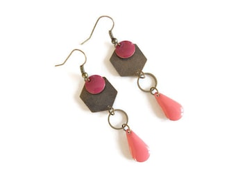 Brass, raspberry and pink coral earrings