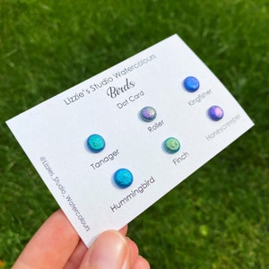 May include: A white card with the text "Lizzie's Studio Watercolours Birds Dot Card" and six small, colourful watercolour dots. The dots are labelled "Tanager," "Hummingbird," "Roller," "Finch," "Kingfisher," and "Honeycreeper."