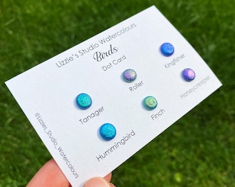 Może przedstawiać: Biała karta z napisem "Lizzie's Studio Watercolours Birds Dot Card" i sześcioma małymi, kolorowymi kropkami akwarelowymi. Kropki są oznaczone jako "Tanager", "Hummingbird", "Roller", "Finch", "Kingfisher" i "Honeycreeper".