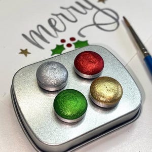 Set de acuarelas navideñas hechas a mano / Pinturas de acuarela holográficas cromadas, rojas, verdes, doradas y plateadas / Colores festivos
