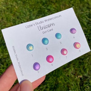 Cartão Unicórnio Dot / Tintas Aquarela Veganas Feitas à Mão Sem Plástico / Azul / Roxo / Rosa / Dourado / Verde