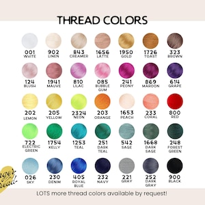 Puede incluir: Una carta de colores titulada THREAD COLORS que muestra cuarenta y dos muestras de hilo circulares en varios tonos, incluyendo blanco, lino, crema, oro, rosa, rojo, verde, azul y negro. Cada muestra tiene un n&uacute;mero y un nombre de color.