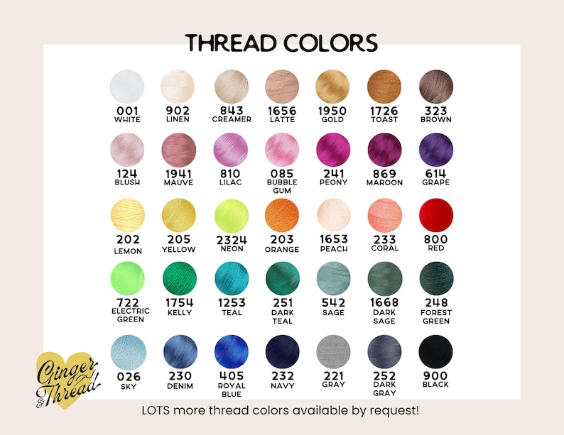 Puede incluir: Una carta de colores titulada THREAD COLORS que muestra cuarenta y dos muestras de hilo circulares en varios tonos, incluyendo blanco, lino, crema, oro, rosa, rojo, verde, azul y negro. Cada muestra tiene un n&uacute;mero y un nombre de color.