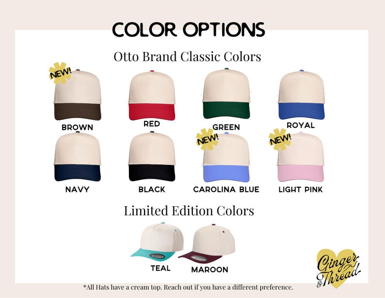 Puede incluir: Una colecci&oacute;n de gorras de b&eacute;isbol marca Otto con coronas color crema y viseras de varios colores: marr&oacute;n, rojo, verde, azul real, marino, negro, azul Carolina, rosa claro, verde azulado y granate. El texto incluye COLOR OPTIONS y etiquetas NEW.