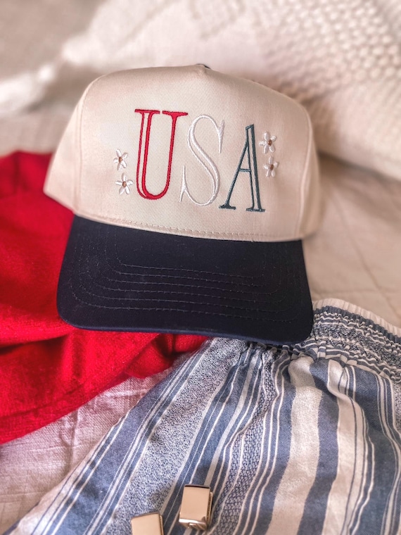 Embroidered USA Baseball Cap, Floral 4th of July Hat, Patriotic Trucker Hat