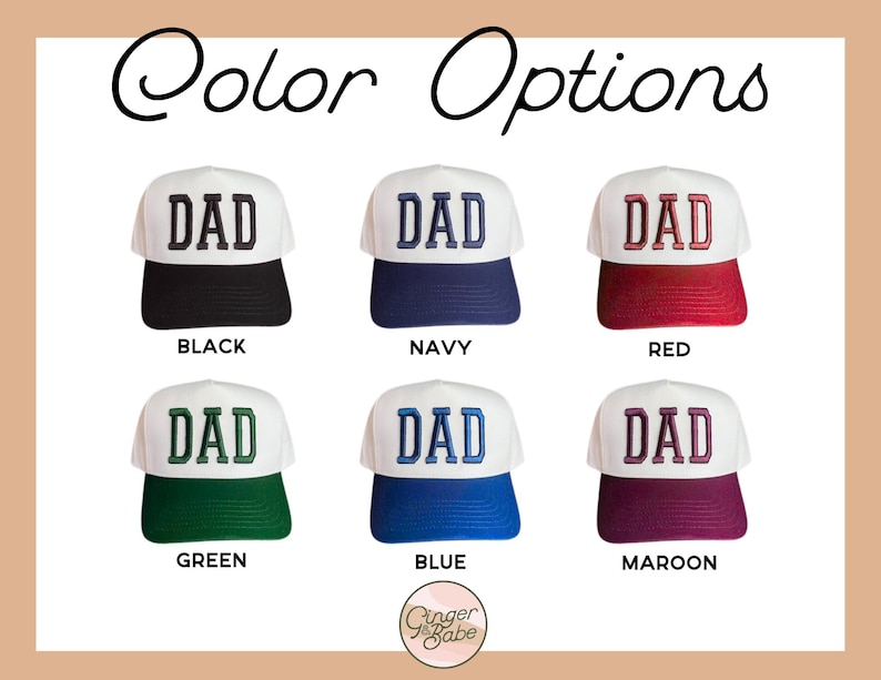 Puede incluir: Seis opciones de color diferentes para una gorra de b&eacute;isbol blanca con la palabra "DAD" bordada en negro, azul marino, rojo, verde, azul y granate.