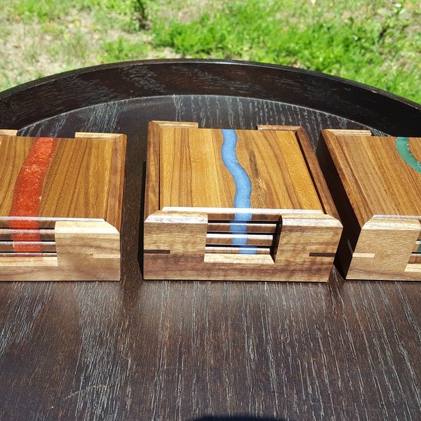 Walnut and epoxy resin river coasters with walnut holder. Red/Blue/Green