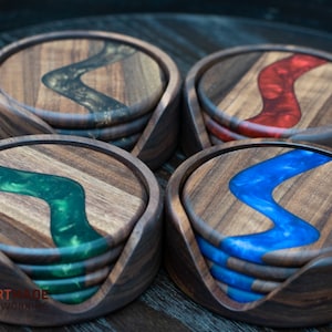 Walnut and epoxy resin coasters with holder- Large coasters - Blue, Green, Red, Bronze epoxy coasters - Epoxy river coasters - Wood coasters