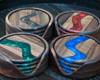 Walnut and epoxy resin coasters with holder- Large coasters - Blue, Green, Red, Bronze epoxy coasters - Epoxy river coasters - Wood coasters