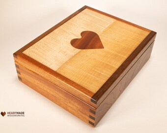 Keepsake Box with Heart Inlay - Free Shipping - Large Wood Stash Box - Walnut and Mahogany - Jewelry box