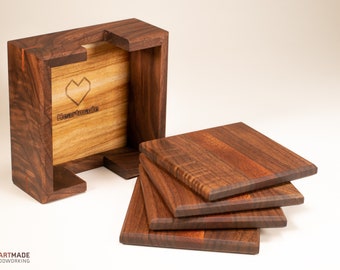 Large wood coasters with holder - walnut and mahogany - Free U.S. shipping