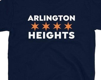 May include: A navy blue t-shirt with white text that reads "ARLINGTON HEIGHTS" and four orange stars.