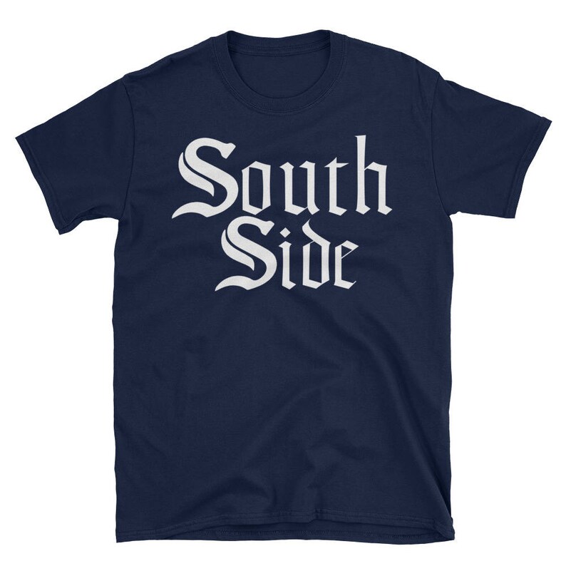May include: A navy blue t-shirt with white text that reads "South Side" in a gothic font.
