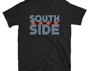 May include: Black t-shirt with a retro-style graphic that says "SOUTH SIDE" with four red stars above the text.