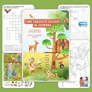 May include: An activity book titled Find Exquisite Delight in Jehovah with Branch Representative Circuit Assembly 2026-27, featuring a treehouse, a squirrel, a deer, a dog, and a painting animal, surrounded by activity pages with puzzles and illustrations.