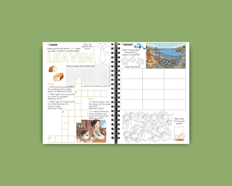 May include: Open spiral-bound activity book with colorful illustrations and text. The left page features a crossword puzzle with the word "LEAVEN" and bread illustrations. The right page shows a fishing scene and a fish-counting activity. The book is on a green background.