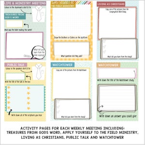 May include: A printable worksheet with six sections for taking notes during weekly religious meetings. The sections are titled "Life & Ministry Meeting", "Apply Yourself to the Field Ministry", "Living as Christians", "Public Talk", and "Watchtower".