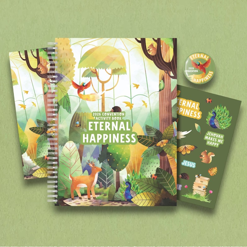 May include: An activity book, stickers, and a button with the text "Eternal Happiness" and "2026 Convention". The book cover features a forest scene with a deer, peacock, and squirrel. The stickers have a peacock, squirrel, and a beehive.