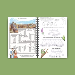May include: A spiral-bound activity book open to two pages. One page features a maze with the text "THE MILD-TEMPERED". The other page has a word puzzle with the text "THOSE HUNGERING AND THIRSTING FOR RIGHTEOUSNESS". Illustrations include people, fruit, and a bird.