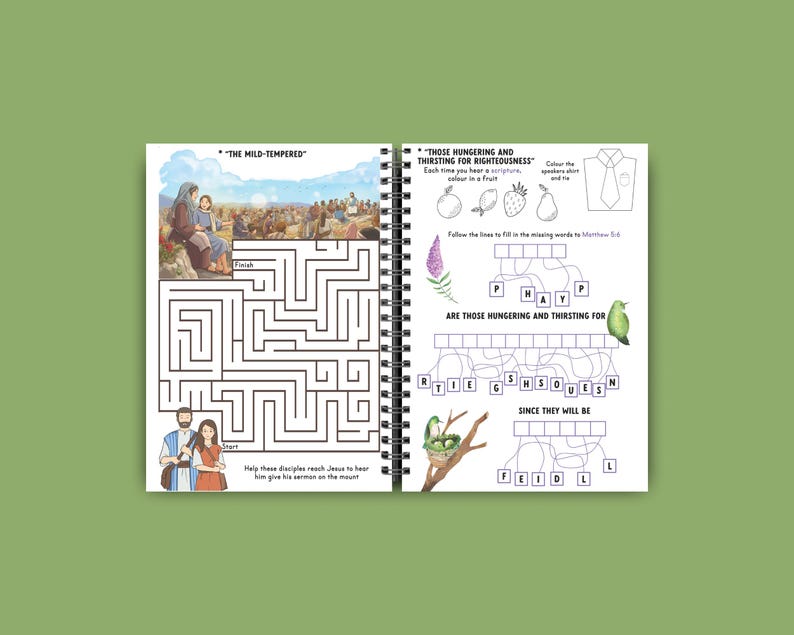 May include: A spiral-bound activity book open to two pages. One page features a maze with the text "THE MILD-TEMPERED". The other page has a word puzzle with the text "THOSE HUNGERING AND THIRSTING FOR RIGHTEOUSNESS". Illustrations include people, fruit, and a bird.