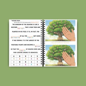 May include: A spiral-bound activity book with a green cover. The open pages display a mustard grain puzzle and a tree illustration with a hand holding a seed. Text includes "Mustard Grain" and "The Kingdom of the Heavens".