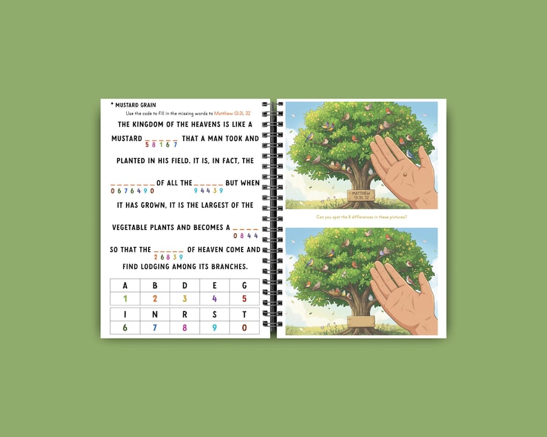 May include: A spiral-bound activity book with a green cover. The open pages display a mustard grain puzzle and a tree illustration with a hand holding a seed. Text includes "Mustard Grain" and "The Kingdom of the Heavens".