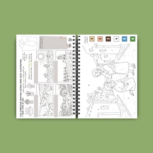 May include: Open spiral-bound coloring book with black and white illustrations. The left page features four panels with drawings of plants and landscapes. The right page has a color-by-number scene with figures and buildings. Text includes "9:40 SYMPOSIUM: APPLYING LESSONS FROM JESUS ILLUSTRATIONS FOUR TYPES OF SOIL".