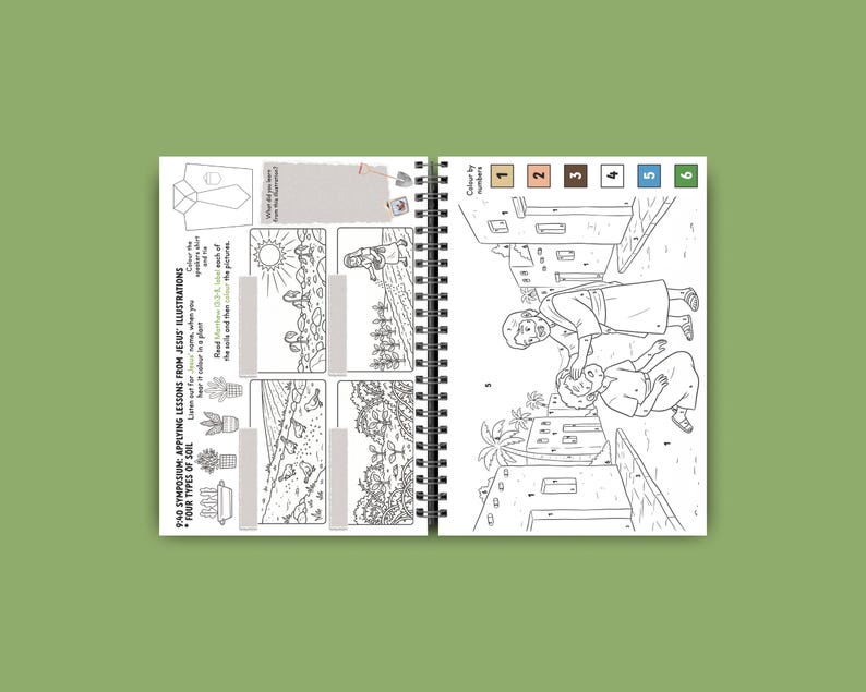 May include: Open spiral-bound coloring book with black and white illustrations. The left page features four panels with drawings of plants and landscapes. The right page has a color-by-number scene with figures and buildings. Text includes "9:40 SYMPOSIUM: APPLYING LESSONS FROM JESUS ILLUSTRATIONS FOUR TYPES OF SOIL".
