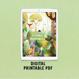 Puede incluir: Una tableta digital muestra una colorida ilustración de una escena de bosque con el texto "2026 Convention Activity Book Eternal Happiness". Debajo, las palabras "DIGITAL PRINTABLE PDF" están impresas en negrita.