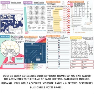 May include: A colorful printable worksheet with activities for children to learn about the Bible. The worksheet includes activities such as word searches, mazes, and coloring pages. The worksheet is divided into sections with titles such as "Jehovah", "Bible Accounts", "Worship", and "Scriptures".