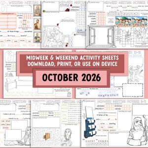 May include: A collection of printable activity sheets for October 2026, featuring black and white line art, word puzzles, fill-in-the-blank exercises, and illustrations of biblical figures, open doors, and literature carts for religious study.