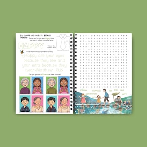 May include: Open spiral-bound activity book with colorful illustrations and text. The left page features a Bible verse and images of people. The right page has a word search puzzle with words like "Eternal" and "Happy".