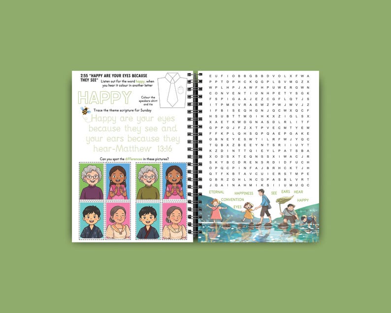 May include: Open spiral-bound activity book with colorful illustrations and text. The left page features a Bible verse and images of people. The right page has a word search puzzle with words like "Eternal" and "Happy".