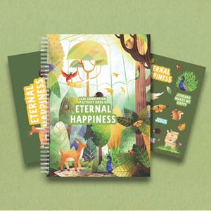 May include: A spiral-bound activity book and two matching cards with the words "Eternal Happiness." The book cover features a forest scene with a deer, peacock, and other animals. The cards have additional illustrations and text.