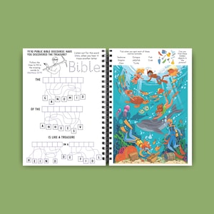 May include: A spiral-bound activity book with two open pages. One page features a crossword puzzle with the text "Bible" and "Is like a treasure in a". The other page has an underwater scene with divers, sea creatures, and the text "Find these hidden objects".
