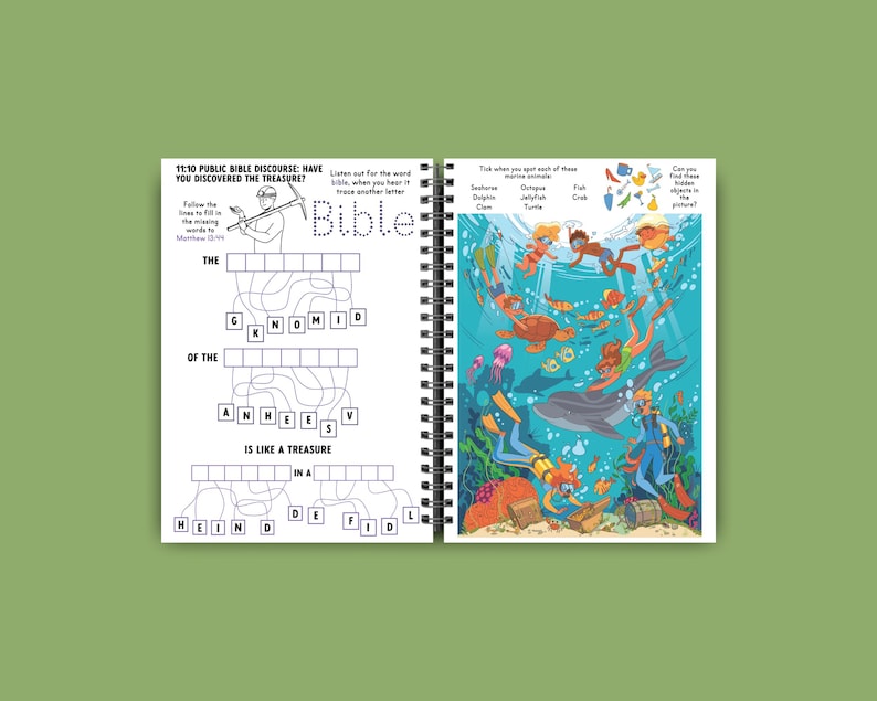 May include: A spiral-bound activity book with two open pages. One page features a crossword puzzle with the text "Bible" and "Is like a treasure in a". The other page has an underwater scene with divers, sea creatures, and the text "Find these hidden objects".