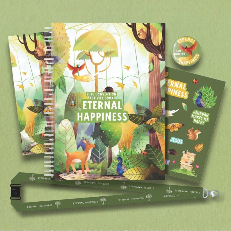 May include: A collection of stationery items with a nature theme. Includes a spiral-bound activity book, a small booklet, a button, and a lanyard. The items feature illustrations of a deer, peacock, and forest scenery, with the text "2026 Convention Eternal Happiness".