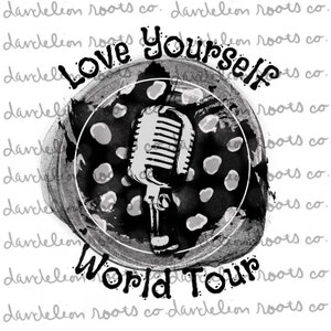May include: Black and white graphic design with a microphone in the center. The microphone is surrounded by white polka dots on a black background. The text "Love Yourself World Tour" is written around the microphone.