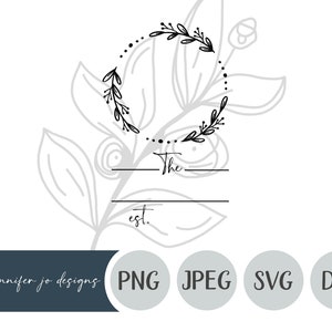 May include: Black and white floral wreath with the text "The" and "est." below. The wreath is on a white background with a gray floral pattern.
