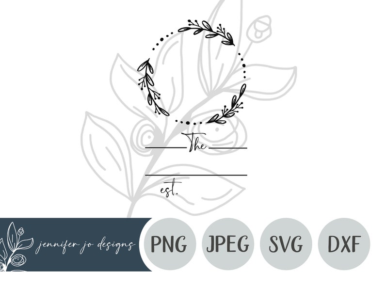 May include: Black and white floral wreath with the text "The" and "est." below. The wreath is on a white background with a gray floral pattern.