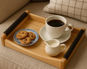 May include: A wooden serving tray with black handles holds a white teacup and saucer filled with coffee, a small creamer, and a plate of chocolate chip cookies. The tray is on a beige sofa.