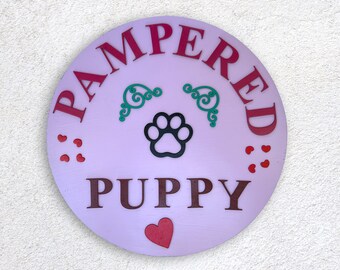 Rustic Round Wood Wall Art 'Pampered Puppy' - Large Dog-Themed Wood Art Decor, Perfect Gift for Dog Owners Gift for Her Gift for Him