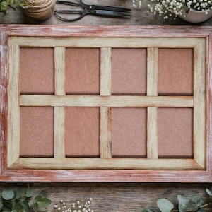 May include: A rectangular wooden collage picture frame with a distressed finish, featuring a light brown outer border and a cream-colored inner grid that divides the space into eight individual rectangular openings for photographs.