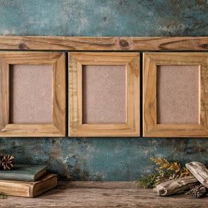 May include: A wooden triple picture frame with a rustic aesthetic. The frames are empty, with a neutral fabric backing. The background features a teal wall, a vintage lantern, books, and dried flowers, creating a cozy, vintage vibe.