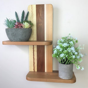 2 Tier Wooden Wall Shelf with Vertical Strips of Reclaimed wood