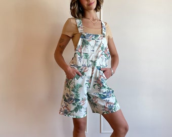 80s 90s Floral Overalls Denim Overalls Denim Shorts Mini Shorts Floral Print Boyfriend Baggy Jeans Floral Jeans M L