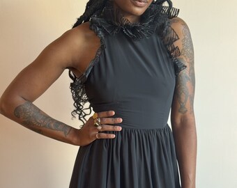 80s Sheer Black Slip Dress – Ruffle Collar Organza Halter